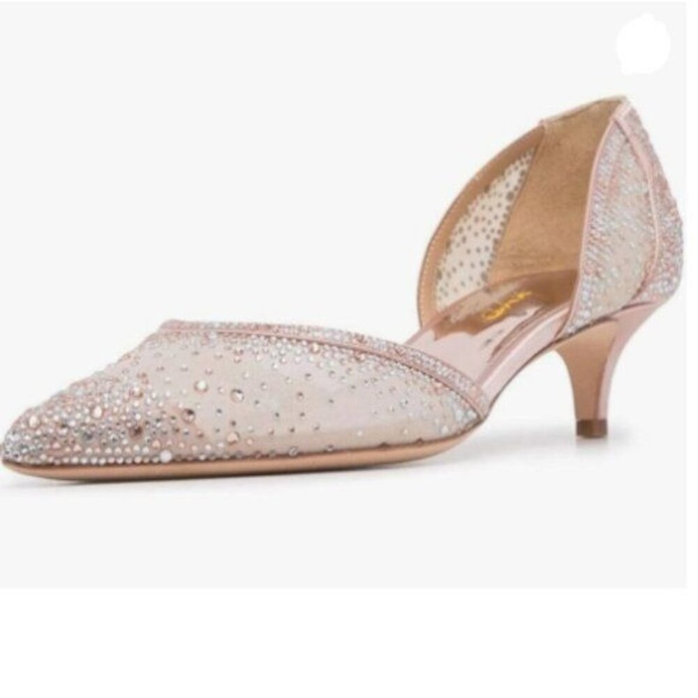 XYD Pink Pumps Pointed Toe D'Orsay Kitten Low Heels Rhinestone Slip-On Shoes